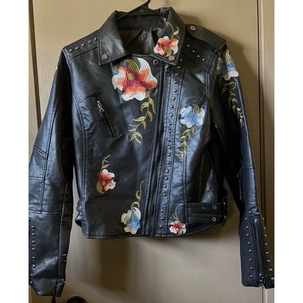 Floral Embroidered Faux Leather Moto Jacket Black Studded Biker Punk Size S